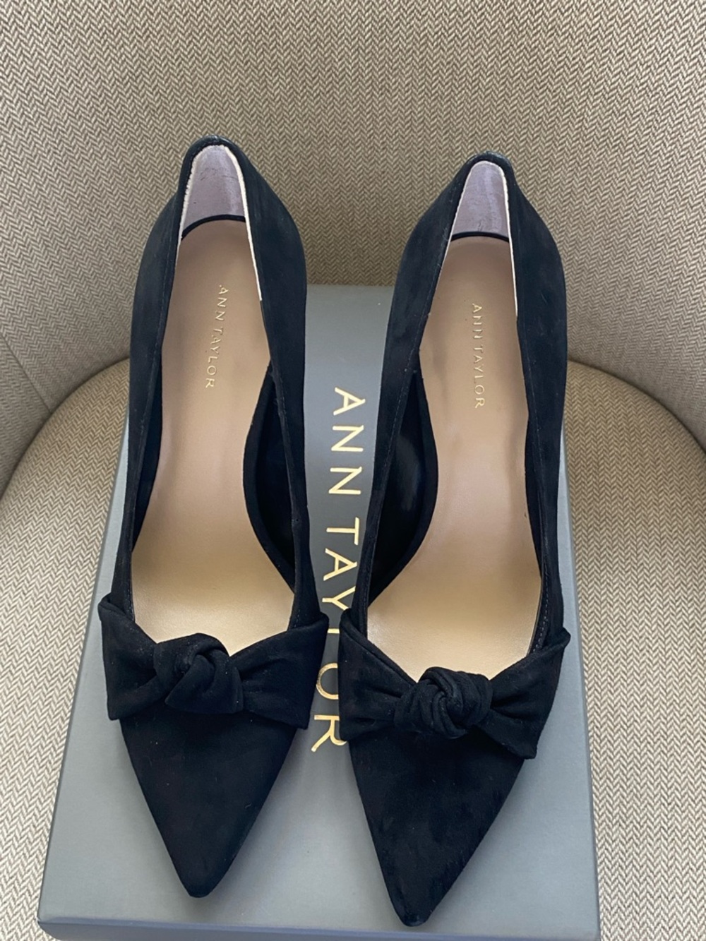 Ann Taylor Black Suede Mika Knot Pointed-Toe Pumps